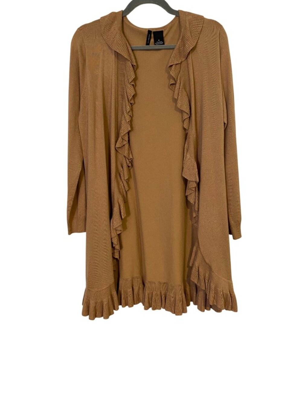 New Directions Women M Tan Ruffled Open Front Cardigan Sweater Lightweight Boho
